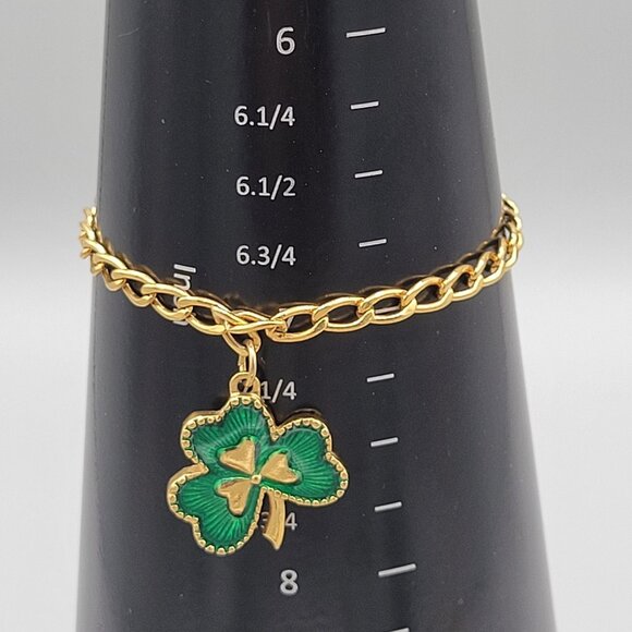 Avon Gold Tone Link Bracelet Green Clover Leaf Pendant Charm Spring Ring Close - Picture 6 of 6